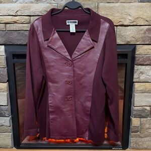 Jessica London Red Blazer with‎ Notched Collar and Leather Front